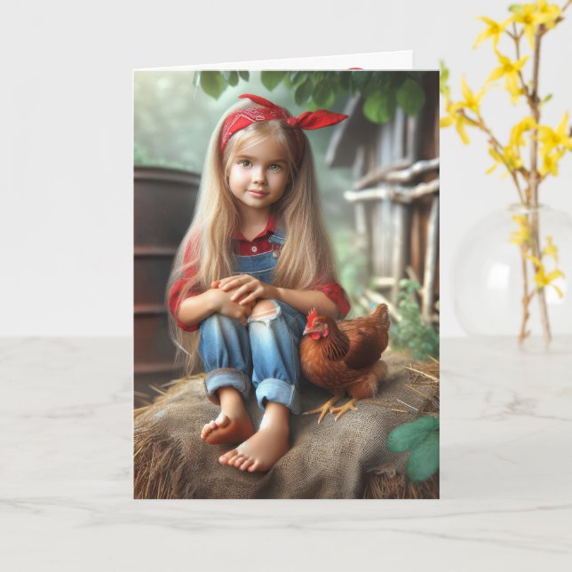 Carte Birthday Farm Girl With Chicken (Fleur jaune)