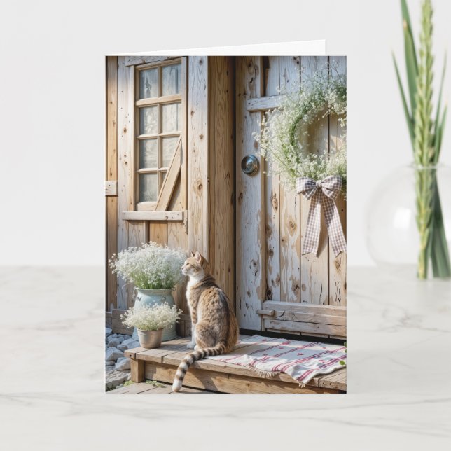 Carte Birthday Farmhouse Cat With Baby's Breath Wreath (Devant)