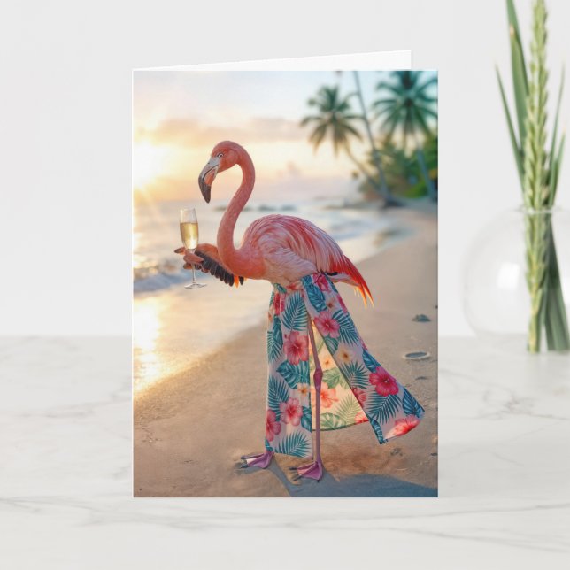 Carte Birthday Flamingo With Champagne On a Beach (Devant)