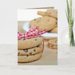 Carte birthday friend chocolate cookies witbow<br><div class="desc">Chocolate chip cookies tied with red and white gingham ribbon and bow for friend's birthday</div>