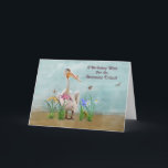 Carte Birthday, Friend, Pelican, Flowers<br><div class="desc">This birthday greeting for a friend feobjets a whimsical fantasy image of a white pelican bird standing among several colorful flowers while three butterflies hover nearby. A little frog looks up at the pelican from behind the flowers. Le background est un muted blue green and brown. The inside verse is...</div>