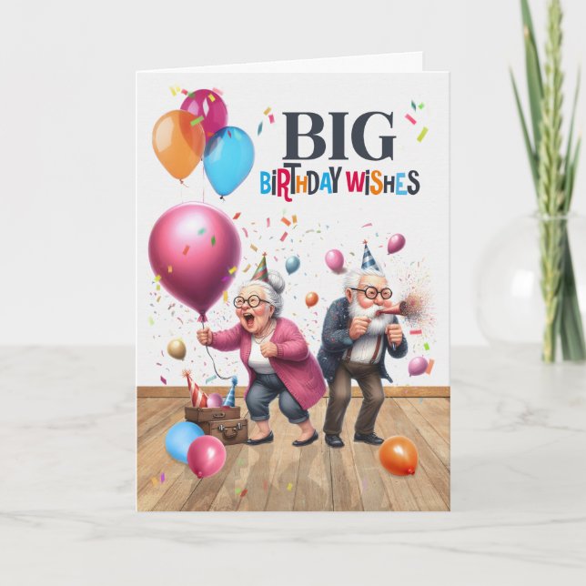 Carte Birthday Funny Old Man and Woman with Balloons (Devant)