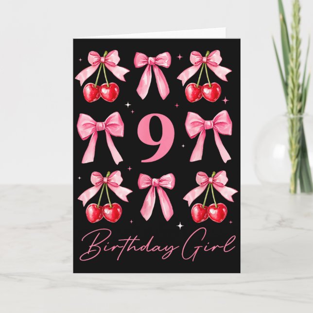 Carte Birthday Girl 9th Birthday Cherry Coquette Bow 9 Y (Devant)