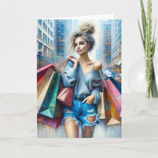 Carte Birthday Girl Shopping Dans La Grande Ville (Devant)