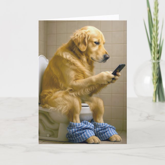Carte Birthday Golden Retriever Texting On the Toilet (Devant)