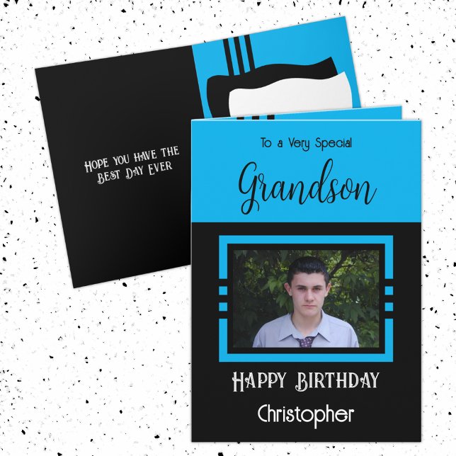 Carte Birthday Grandson ajouter nom photo bleu noir (Créateur téléchargé)