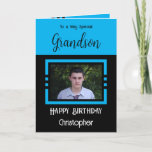 Carte Birthday Grandson ajouter nom photo bleu noir<br><div class="desc">À un petit-fils très spécial. Joyeux anniversaire. Ajoutez un nom et une photo. Bleu et noir.</div>