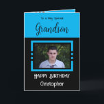 Carte Birthday Grandson ajouter nom photo bleu noir<br><div class="desc">À un petit-fils très spécial. Joyeux anniversaire. Ajoutez un nom et une photo. Bleu et noir.</div>