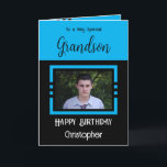 Carte Birthday Grandson ajouter nom photo bleu noir<br><div class="desc">À un petit-fils très spécial. Joyeux anniversaire. Ajoutez un nom et une photo. Bleu et noir.</div>