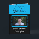 Carte Birthday Grandson ajouter nom photo bleu noir<br><div class="desc">À un petit-fils très spécial. Joyeux anniversaire. Ajoutez un nom et une photo. Bleu et noir.</div>