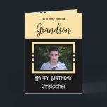 Carte Birthday Grandson ajouter nom photo jaune noir<br><div class="desc">À un petit-fils très spécial. Joyeux anniversaire. Ajoutez un nom et une photo. Jaune et noir.</div>