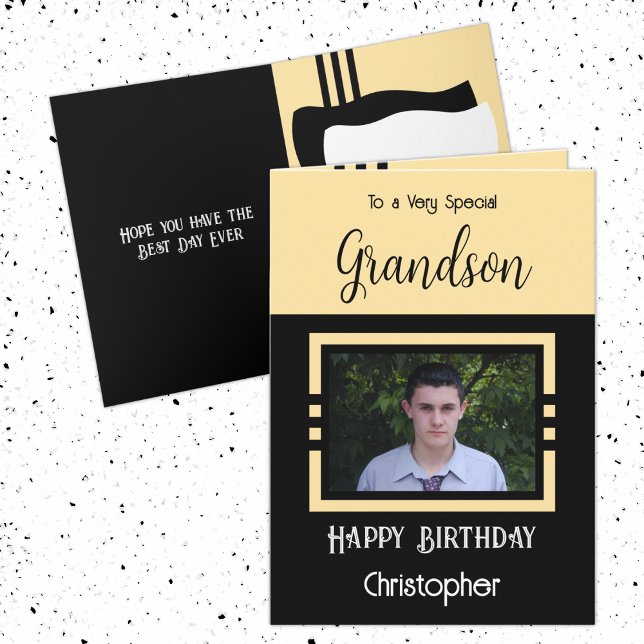 Carte Birthday Grandson ajouter nom photo jaune noir (Créateur téléchargé)