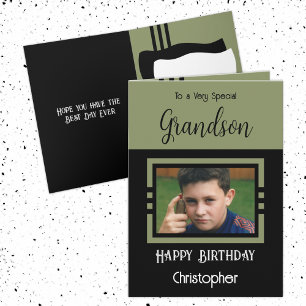 Carte Birthday Grandson ajouter nom photo vert noir