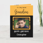 Carte Birthday Grandson ajouter photo nom orange noir<br><div class="desc">À un petit-fils très spécial. Joyeux anniversaire. Ajoutez un nom et une photo. Orange et noir.</div>