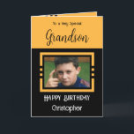 Carte Birthday Grandson ajouter photo nom orange noir<br><div class="desc">À un petit-fils très spécial. Joyeux anniversaire. Ajoutez un nom et une photo. Orange et noir.</div>
