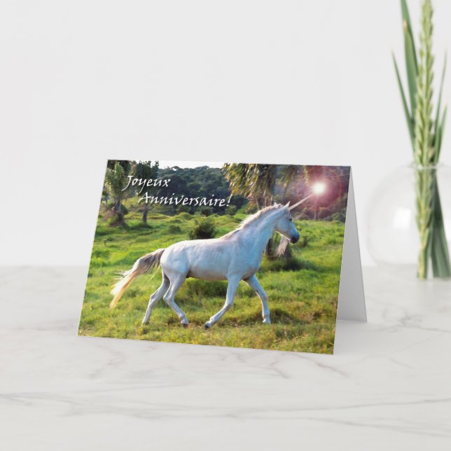Carte Birthday in French, Magical Unicorn (Devant)