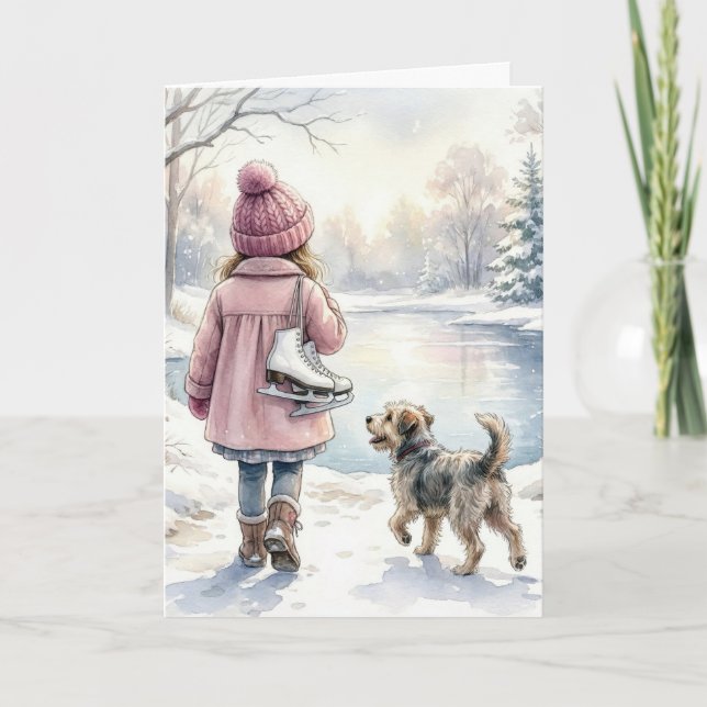 Carte Birthday Little Girl With Ice Skates and Dog (Devant)