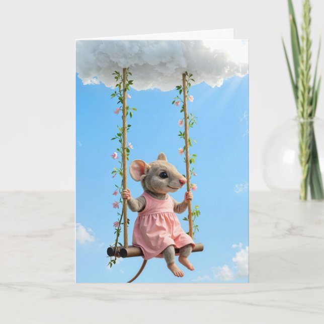 Carte Birthday Mouse In a Pink Dress On a Swing (Devant)