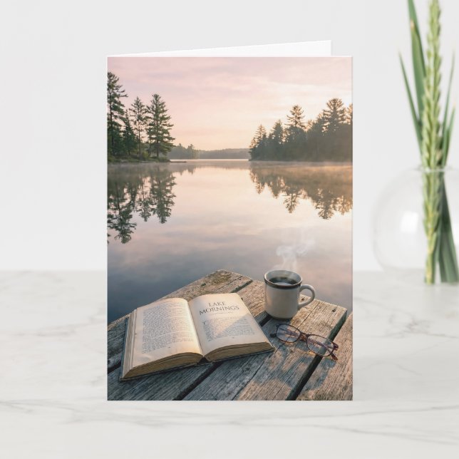 Carte Birthday Open Book With Coffee On a Lake Dock (Devant)