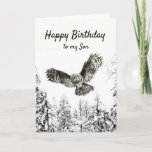 Carte Birthday Owl Bird Watercolor Son<br><div class="desc">Watercolor Owl in flight striking with a winter of frosty snow-covered trees Forest Happy Birthday to my Son</div>