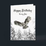 Carte Birthday Owl Bird Watercolor Son<br><div class="desc">Watercolor Owl in flight striking with a winter of frosty snow-covered trees Forest Happy Birthday to my Son</div>