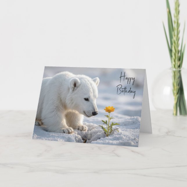Carte Birthday Polar Bear Cub Admiring a Daisy (Devant)