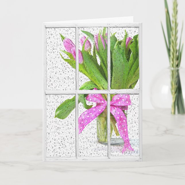 Carte birthday rain on window with tulips (Devant)