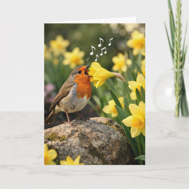 Carte Birthday Robin Singing into a Spring Daffodil (Devant)