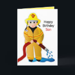 Carte Birthday Son Firefighter with Water Hose Card<br><div class="desc">Fun,  bright and so cute is this little fire-fighter in full gear. See other categories including invitations,  mugs,  T-shirts comning soon.</div>