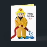 Carte Birthday Son Firefighter with Water Hose Card<br><div class="desc">Fun,  bright and so cute is this little Fire fighter in full gear.  See other categories including invitations,  mugs,  T-Shirts comning soon.</div>