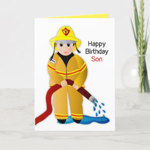 Carte Birthday Son Firefighter with Water Hose Card