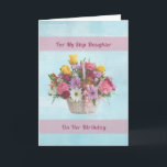 Carte Birthday, Step Daughter, Colorful Flowers in a Bas<br><div class="desc">A basket of colorful flowers including red and yellow roses, daisies, carnations, et green fernmake a very soft floral image for this birthday for a step daughter. Un rose ribbon is tied on the basket. Two pink banners provide the background for the text. The inside verse is a text template...</div>