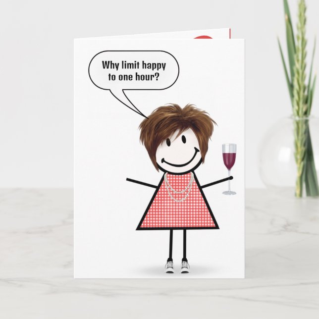 Carte Birthday Stick Figure Girl With Wine Glass (Devant)