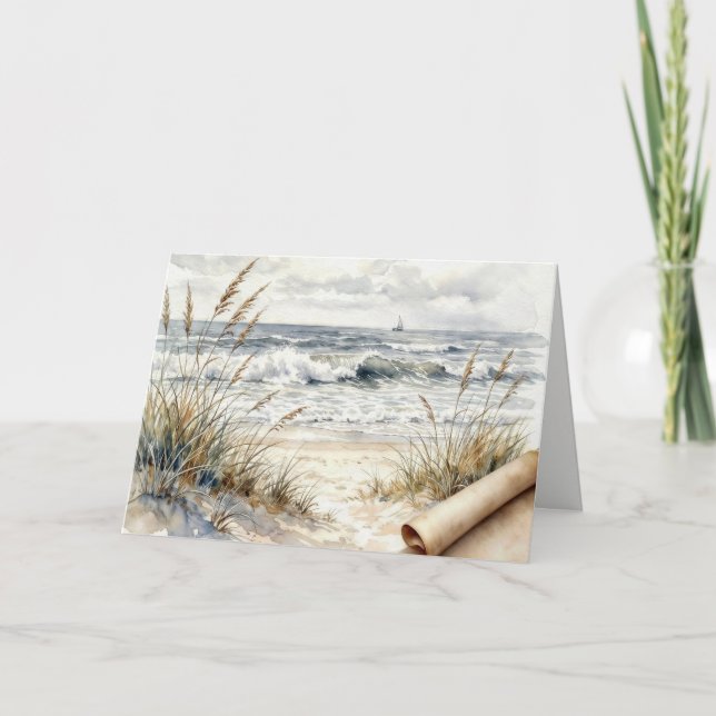 Carte Birthday Watercolor Ocean Beach with Curled Paper (Devant)