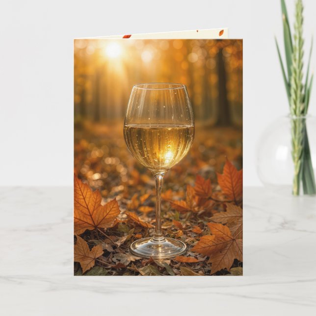 Carte Birthday Wine Glass In Autumn Maple Leaves (Devant)