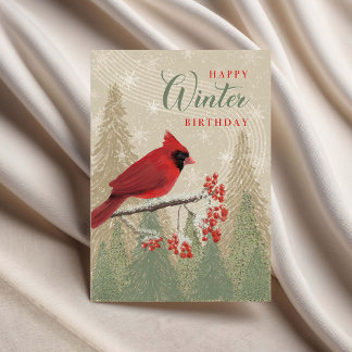 Carte Birthday Winter Trees Berries and Cardinal 