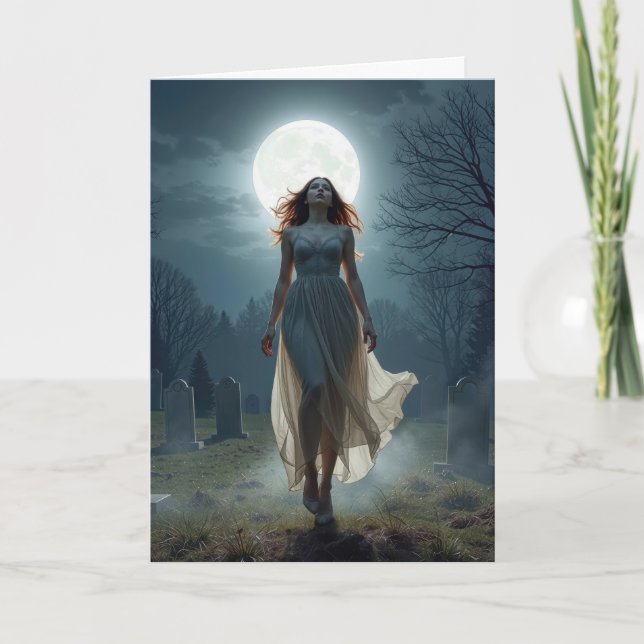 Carte Birthday Woman Walking In a Moonlit Cemetery (Devant)