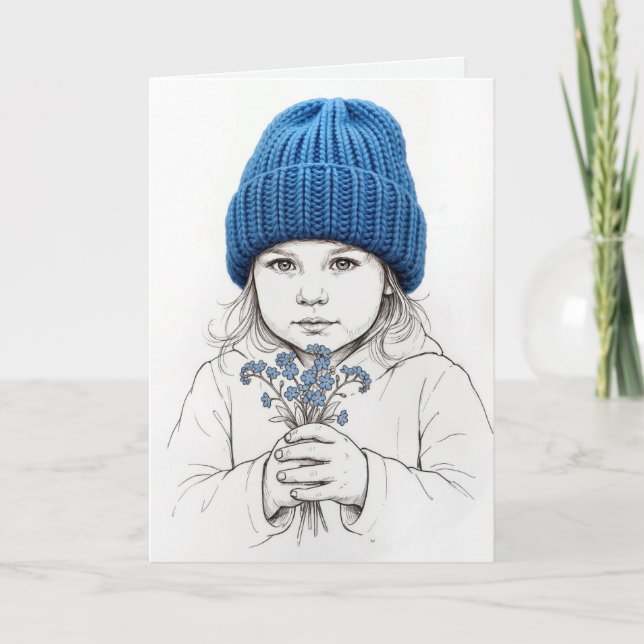 Carte Birthday Young Girl In a Blue Knit Hat (Devant)