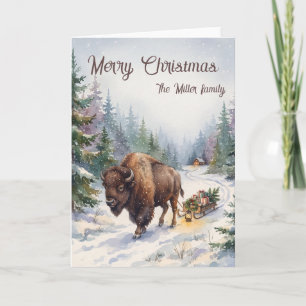 Carte Bison au traîneau en aquarelle Noël bois personnal