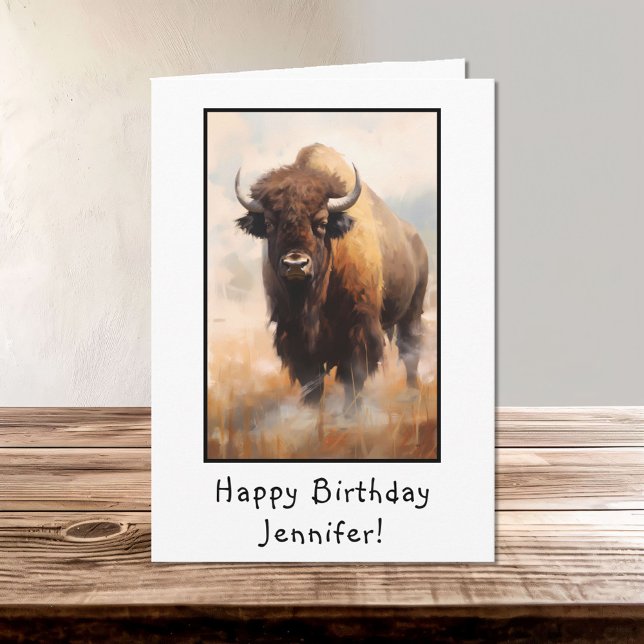 Carte Bison Buffalo Portrait heureux Anniversaire Nom (Créateur téléchargé)