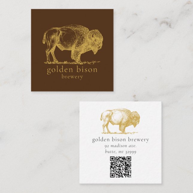 Carte Biz Carré Brown Gold Buffalo QR Code (Devant / Derrière)