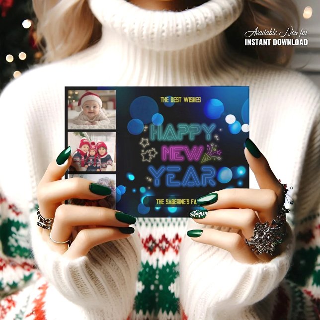 Carte Black & Blue Midnight Sparkle Néon Glow Nouvel An (Créateur téléchargé)