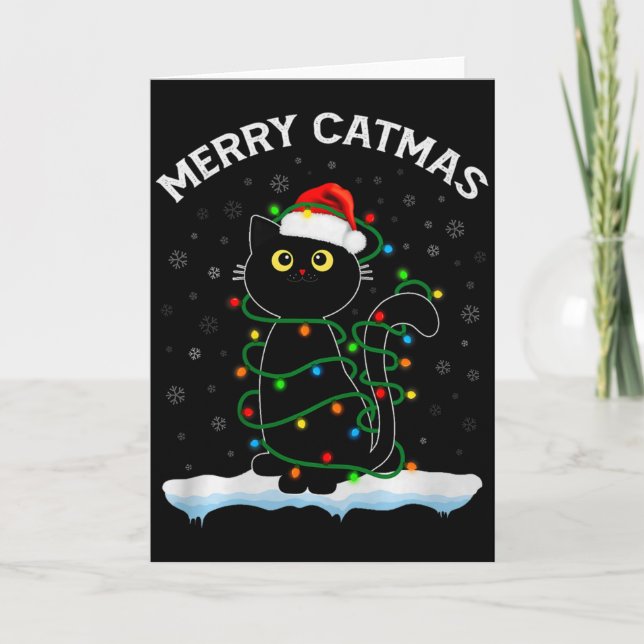 Carte Black Cat Christmas Light Cat Wearing Santa Hat Me (Devant)