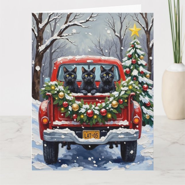 Carte Black Cat Christmas Red Truck Holiday (Devant)