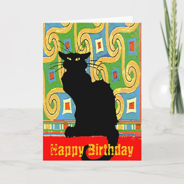Carte Black Cat on Abstract Wallpaper, Happy Birthday (Devant)