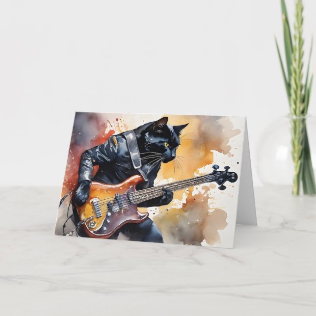Carte Black Cat Rock Star Veste en cuir Jouer Guitare (Devant)