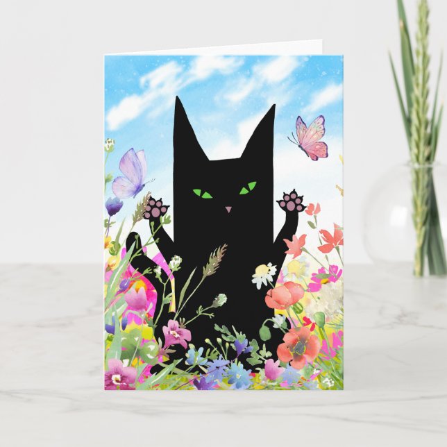 Carte Black Cat Spring Greeting Card:  Kitty and Flowers (Devant)