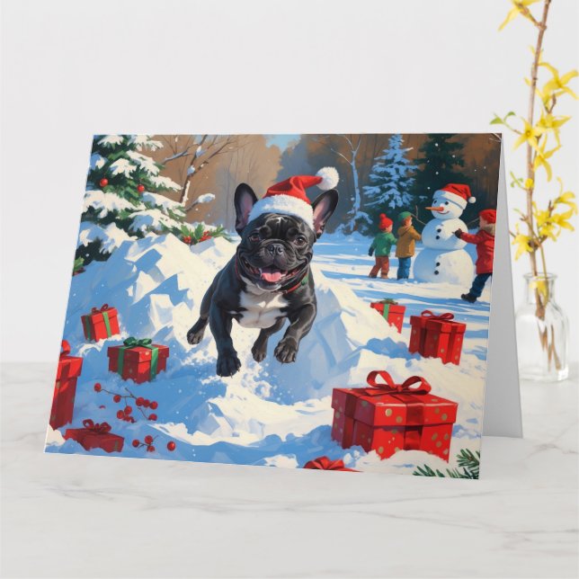 Carte Black French Bulldog Festive de Noël Scène de neig (Fleur jaune)