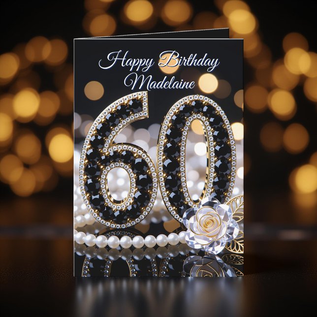 Carte Black Gems White Rose and Pearls 60th Birthday (Créateur téléchargé)