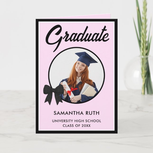 Carte Black Gingham Bow Photo Graduation (Devant)